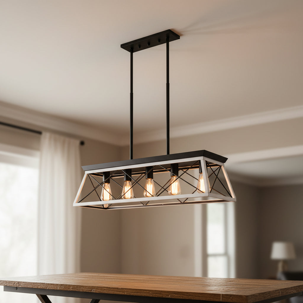 5 light farmhouse chandelier with white and black finish