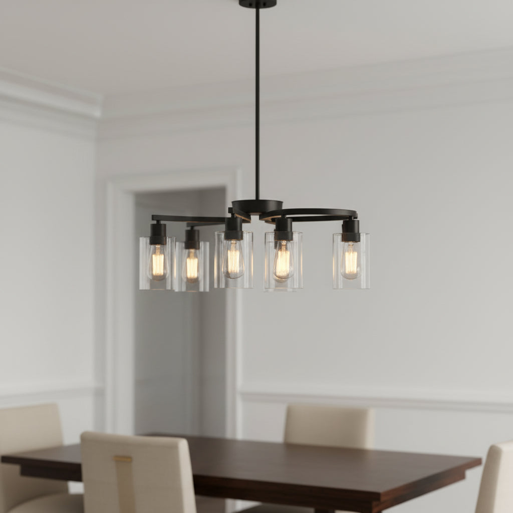 Black chandelier with clear glass shades for dining room