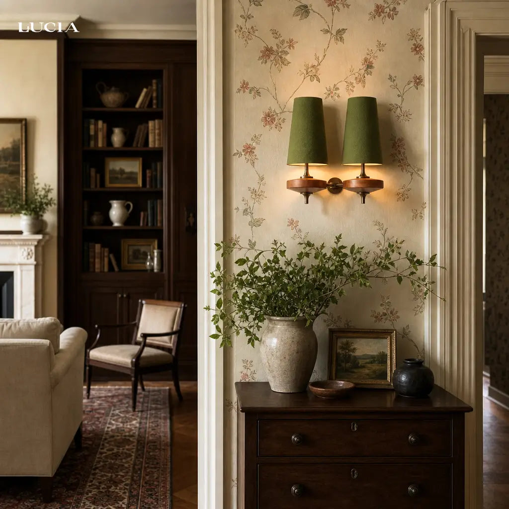 Fabric wall sconce with wood base