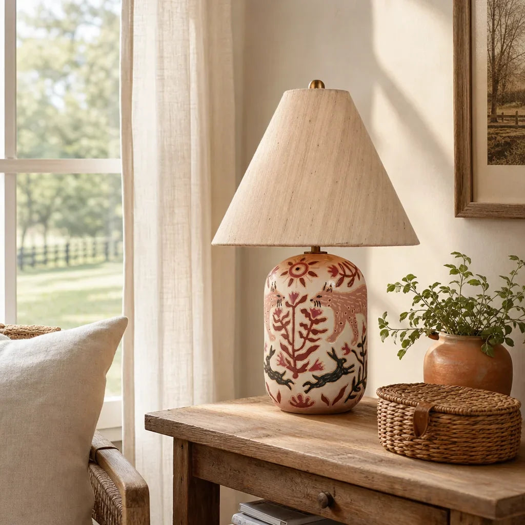 Table lamp with tapered linen shade
