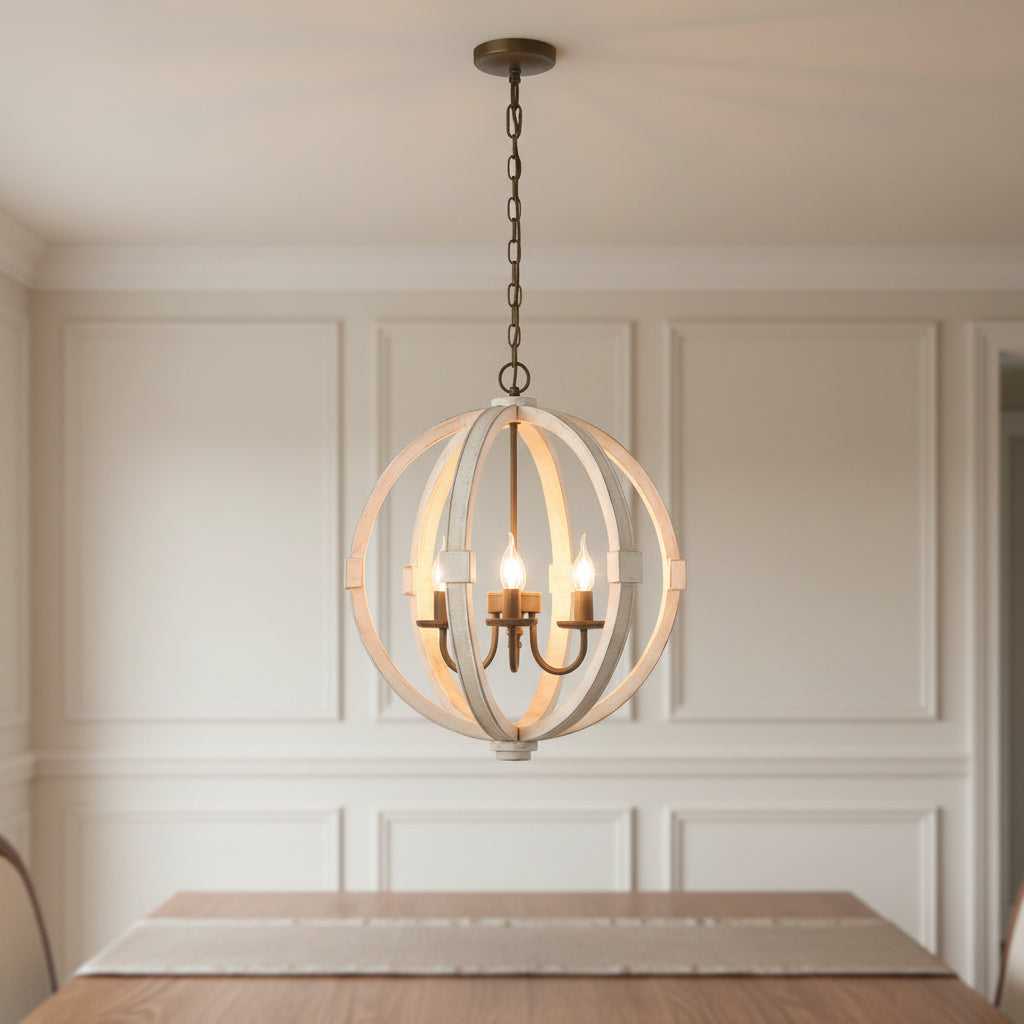 6 light wood chandelier with white finish