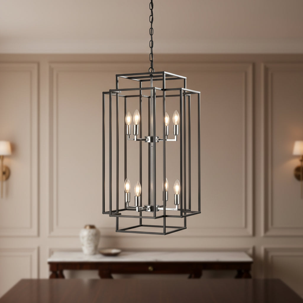 8 light lantern chandelier with black metal frame