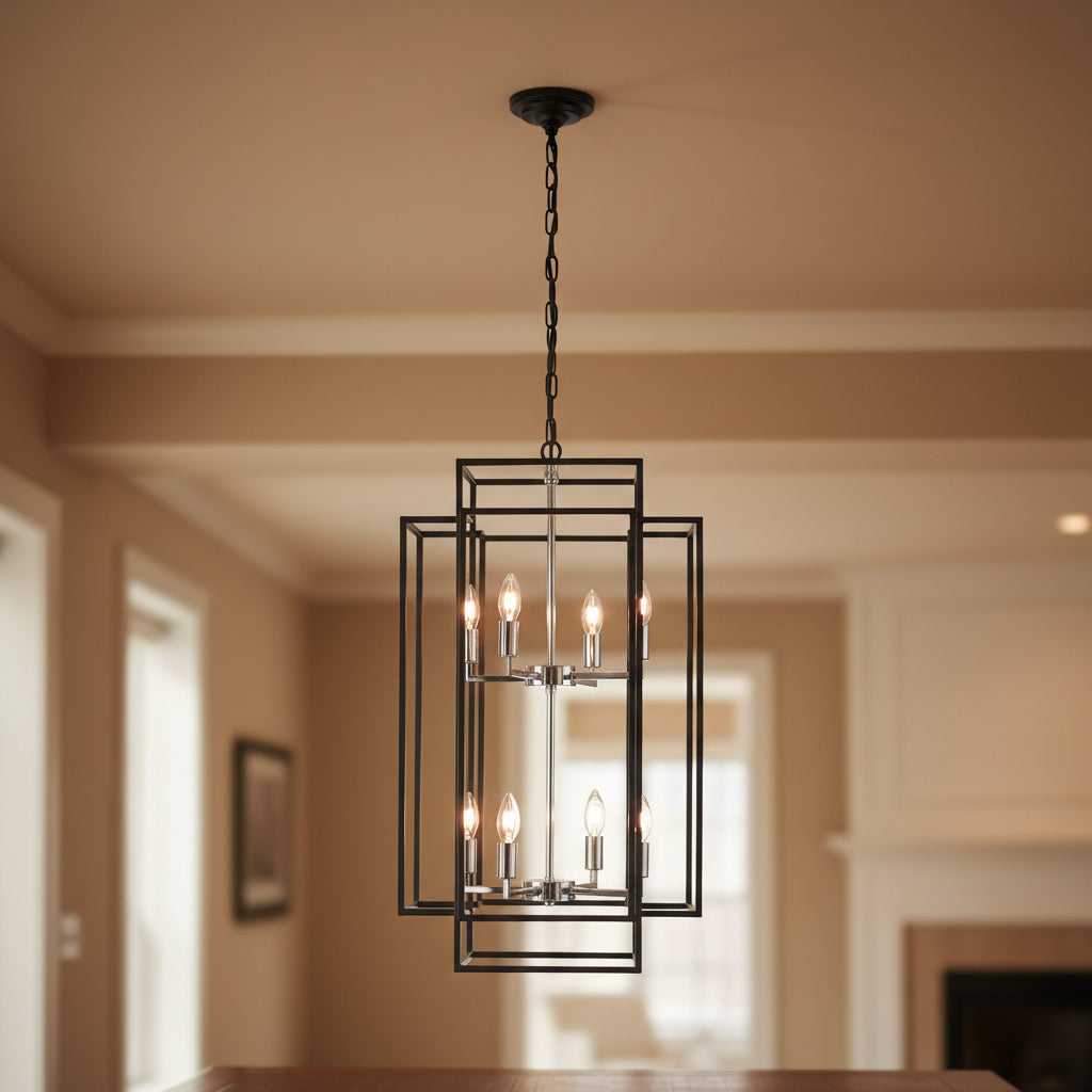 Black and chrome lantern chandelier