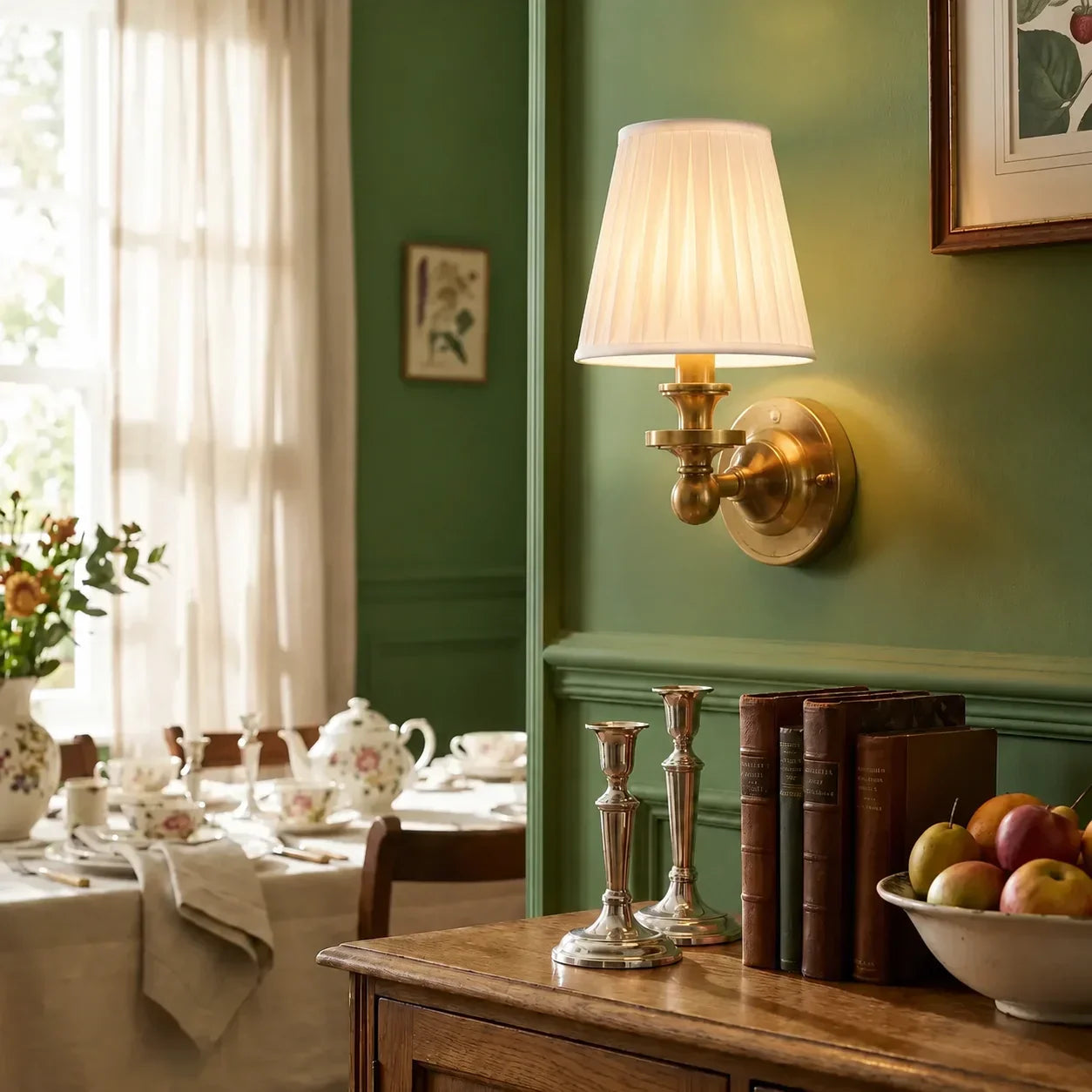 Brass wall sconce with linen shade