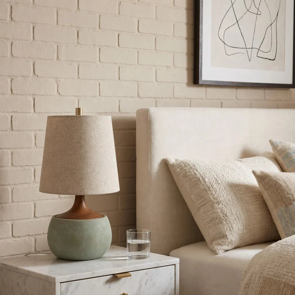 Cement wood and linen table lamp