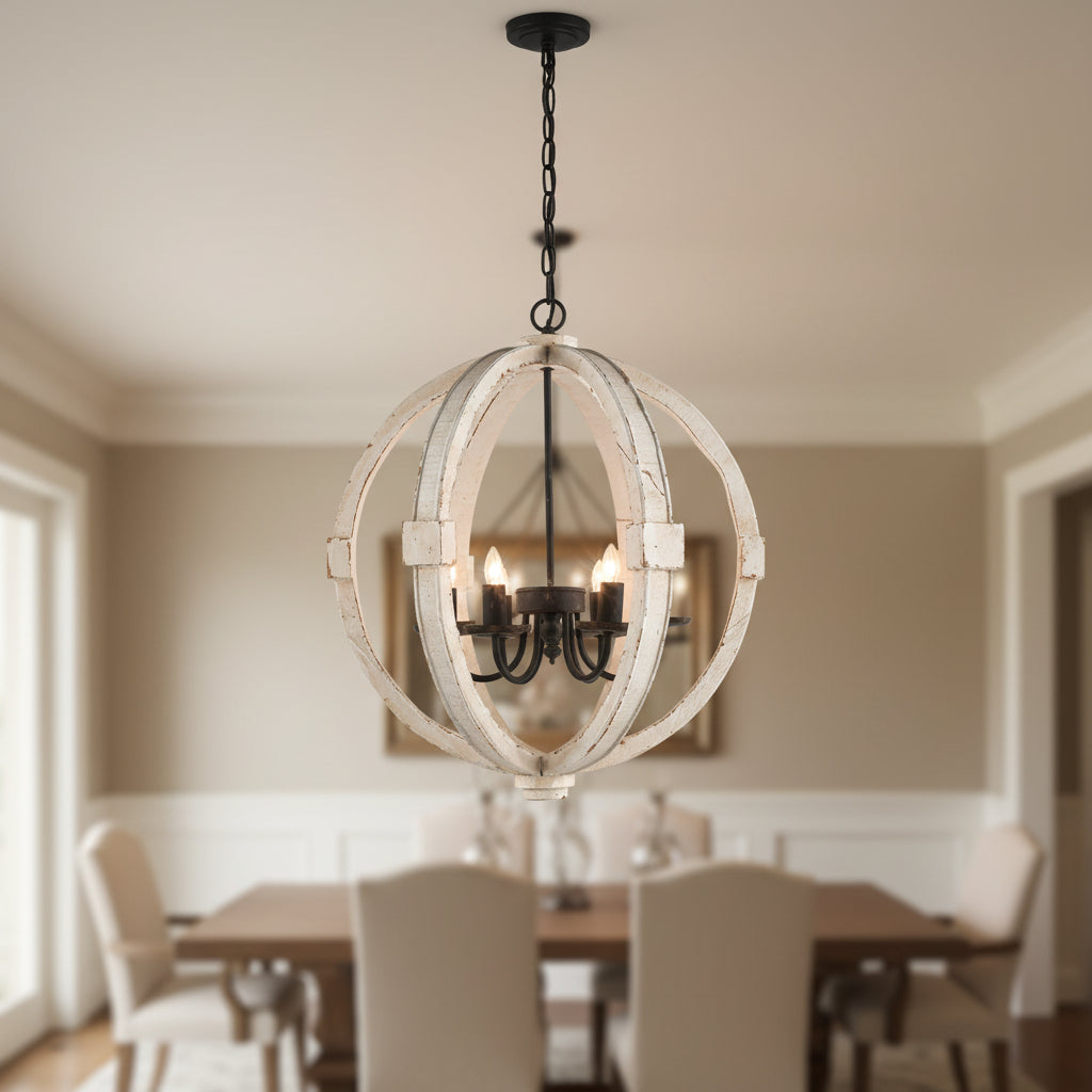 Wood chandelier with distressed white finish