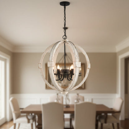 Wood chandelier with distressed white finish