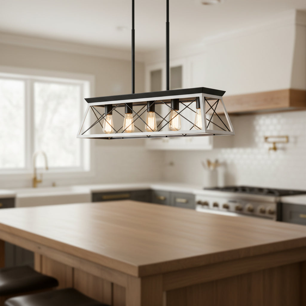 Farmhouse chandelier with iron and wood construction