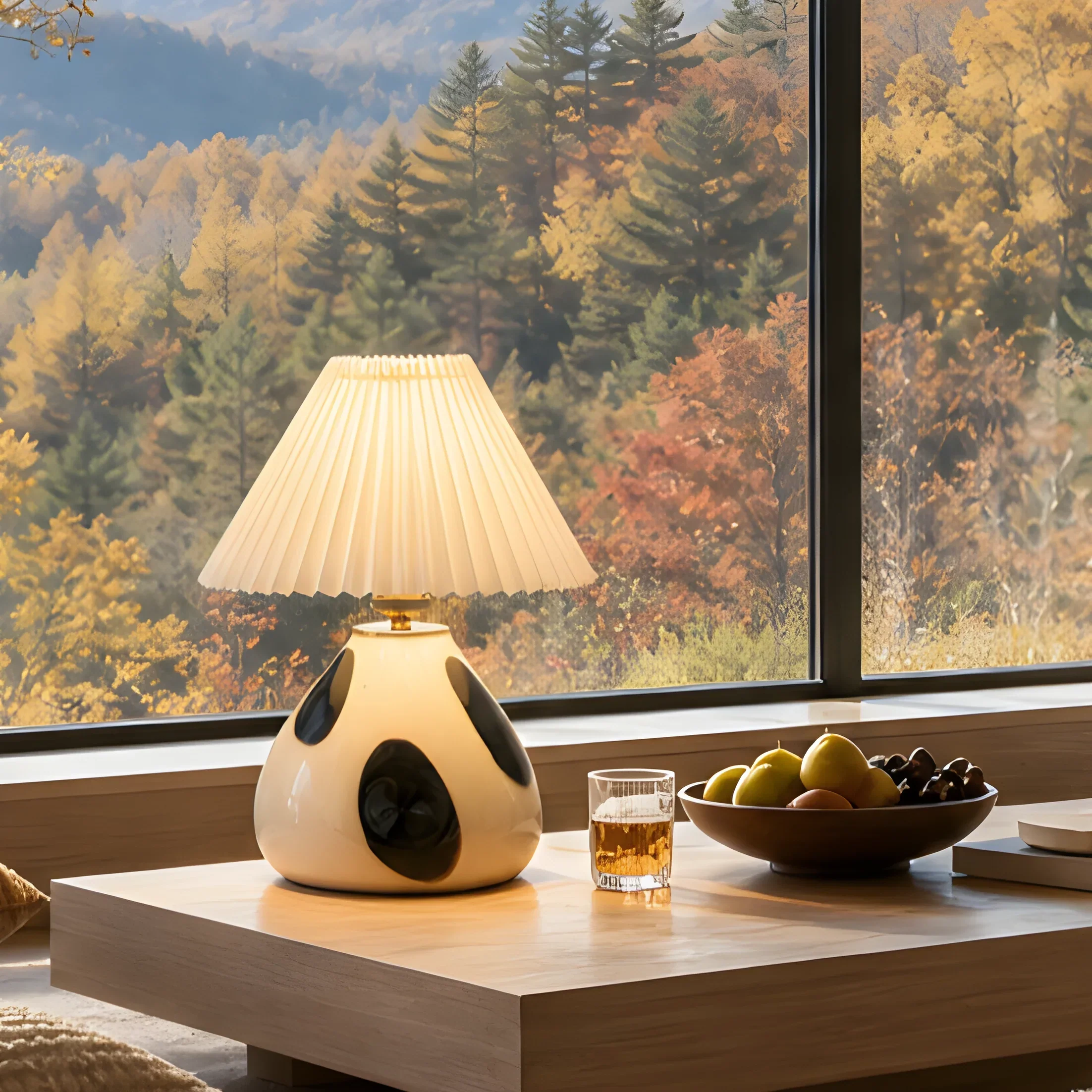 Pleated fabric table lamp with glass base