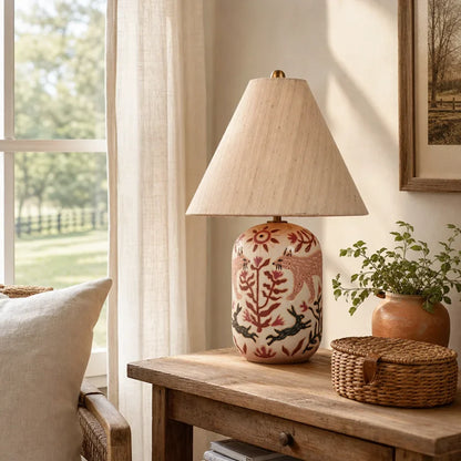Table lamp with tapered linen shade