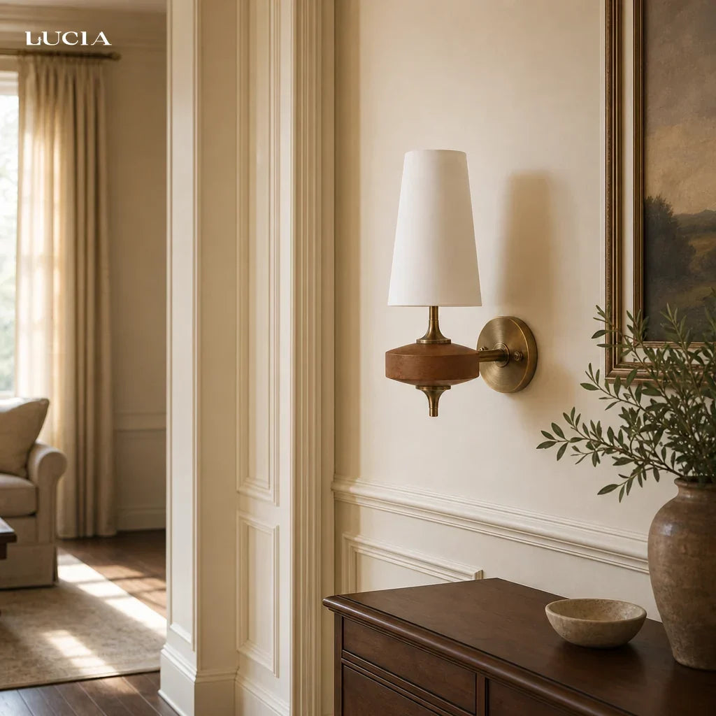 Wood base fabric wall sconce